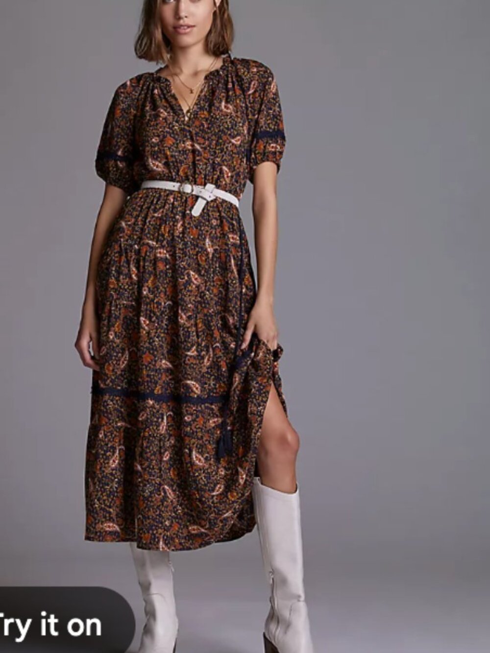 Moon River Boho Paisley Midi Dress Brown tuckernuck puff short sleeve M